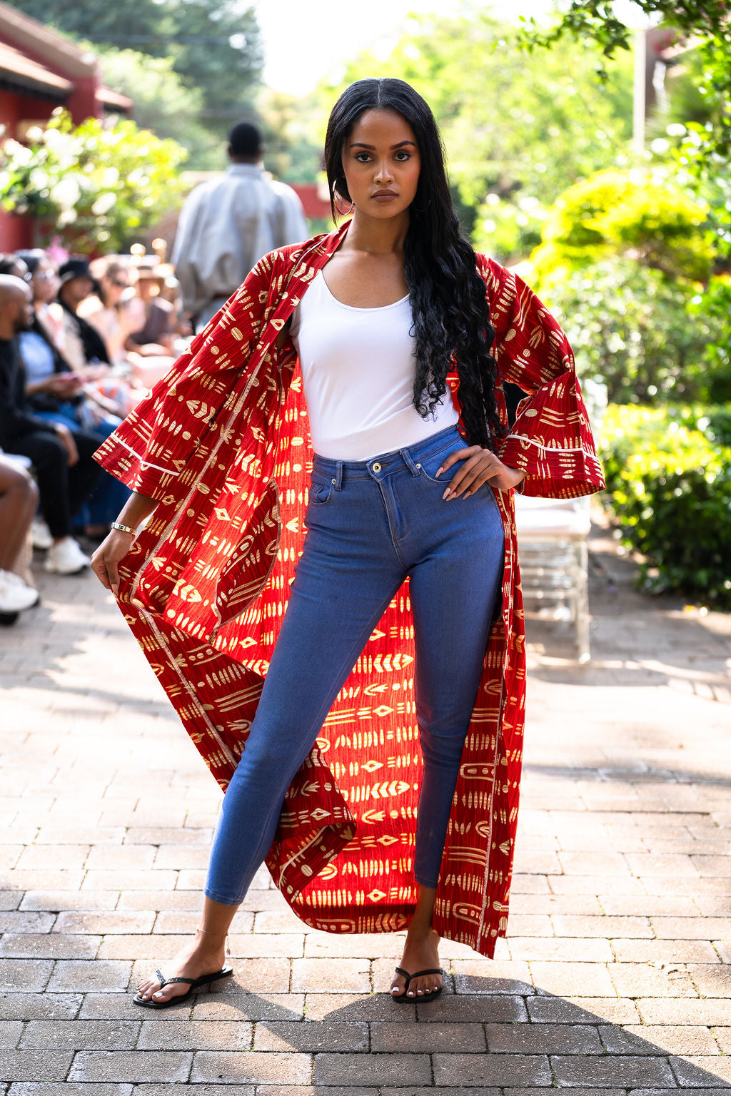 Red print kimono on the Summer runway